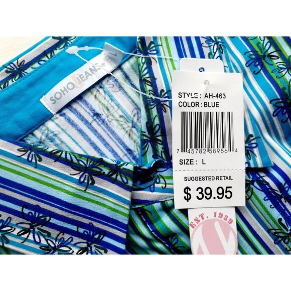 SOHO Jeans Blue Stripes Florals Cotton Blend LS Ladies ButtonUp Shirt Jr.SzL NWT - Picture 9 of 9